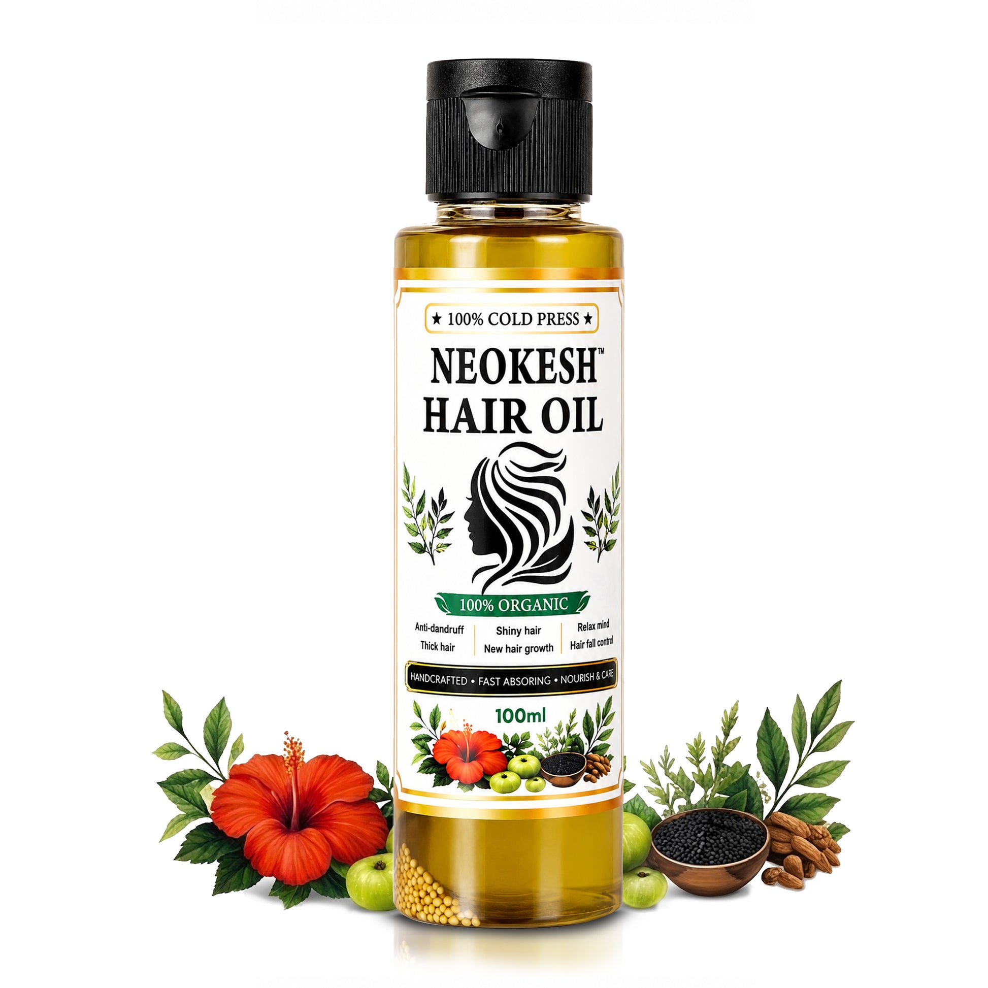 A 100ml bottle of Neokesh Hair Oil with a black cap, surrounded by illustrative ingredients like hibiscus flowers, green apples, a seed, and nuts on a white background.